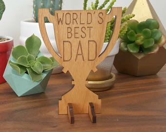 World's Best Dad Desktop Trophy - Laser Engraved Wood - Father's Day Gift - Stocking Stuffer