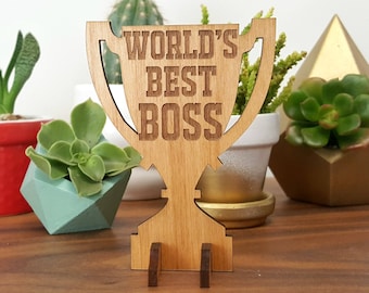 World's Best Boss Desktop Trophy - Laser Engraved Wood