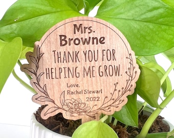 Custom Teacher Gift - Wood Planter Stake with Personalized Engraving - Add Gift Card Holder