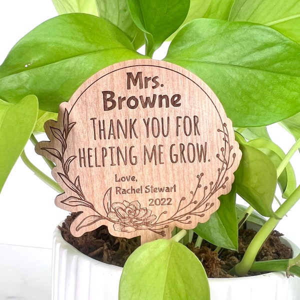 Custom Teacher Gift - Wood Planter Stake with Personalized Engraving - Add Gift Card Holder