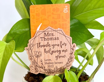 Custom Teacher Gift - Wood Planter Stake with Personalized Engraving - Add Gift Card Holder