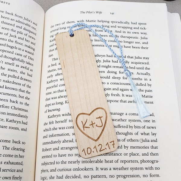 Wedding Favor Bookmarks - Maple Heart Initials and Date - Custom Engraved Wood - Rustic Wedding