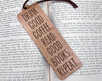 Laser Engraved Alder Wood Bookmark - Coffee & Books Quote