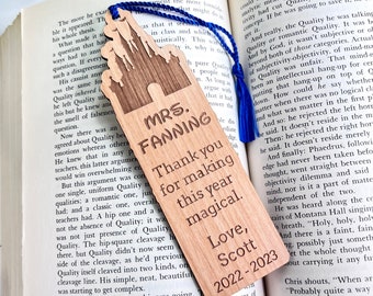 Custom Disney Teacher Appreciation Gift Bookmark with Tassel - Laser Engraved Alder Wood Book Mark - Custom Engraving - Disney Castle