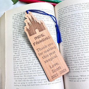 Custom Disney Teacher Appreciation Gift Bookmark with Tassel - Laser Engraved Alder Wood Book Mark - Custom Engraving - Disney Castle
