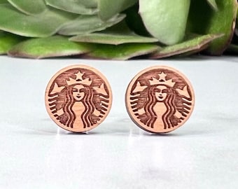 Starbucks Logo Earrings - Laser Engraved on Alder Wood - Hypoallergenic Titanium Post - Siren Mermaid