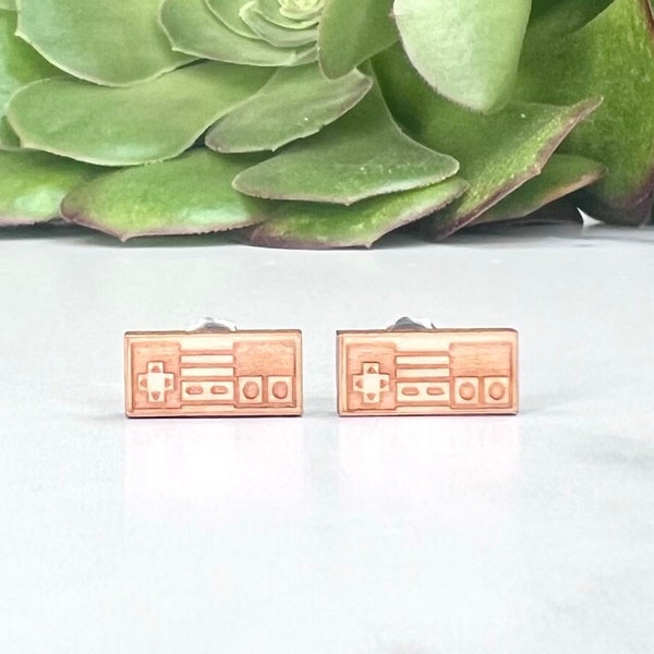 Nintendo NES Controller Earrings - Laser Engraved Wood Earrings - Hypoallergenic Titanium Post Earring Pair