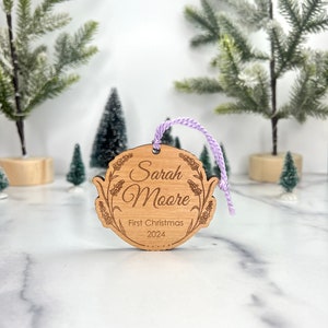 Custom Baby First Christmas Ornament Lavender Wreath Add Engraving or Gift Card Holder to Back Laser Engraved Wood image 2