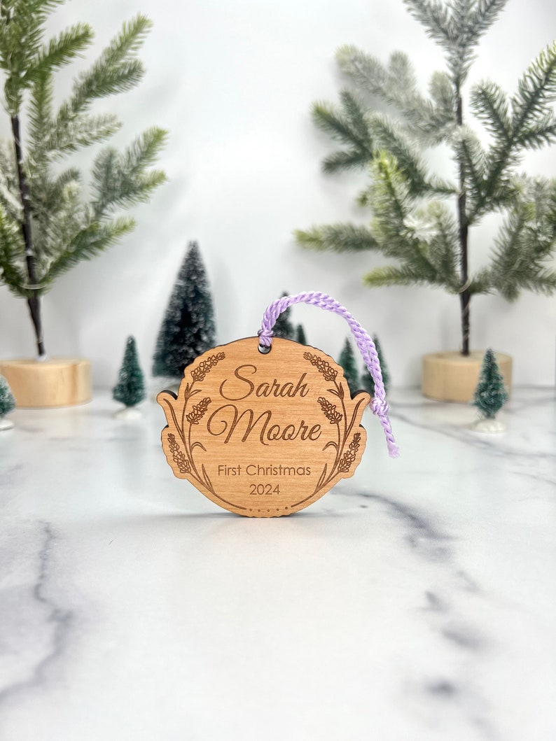 Custom Baby First Christmas Ornament Lavender Wreath Add Engraving or Gift Card Holder to Back Laser Engraved Wood image 2