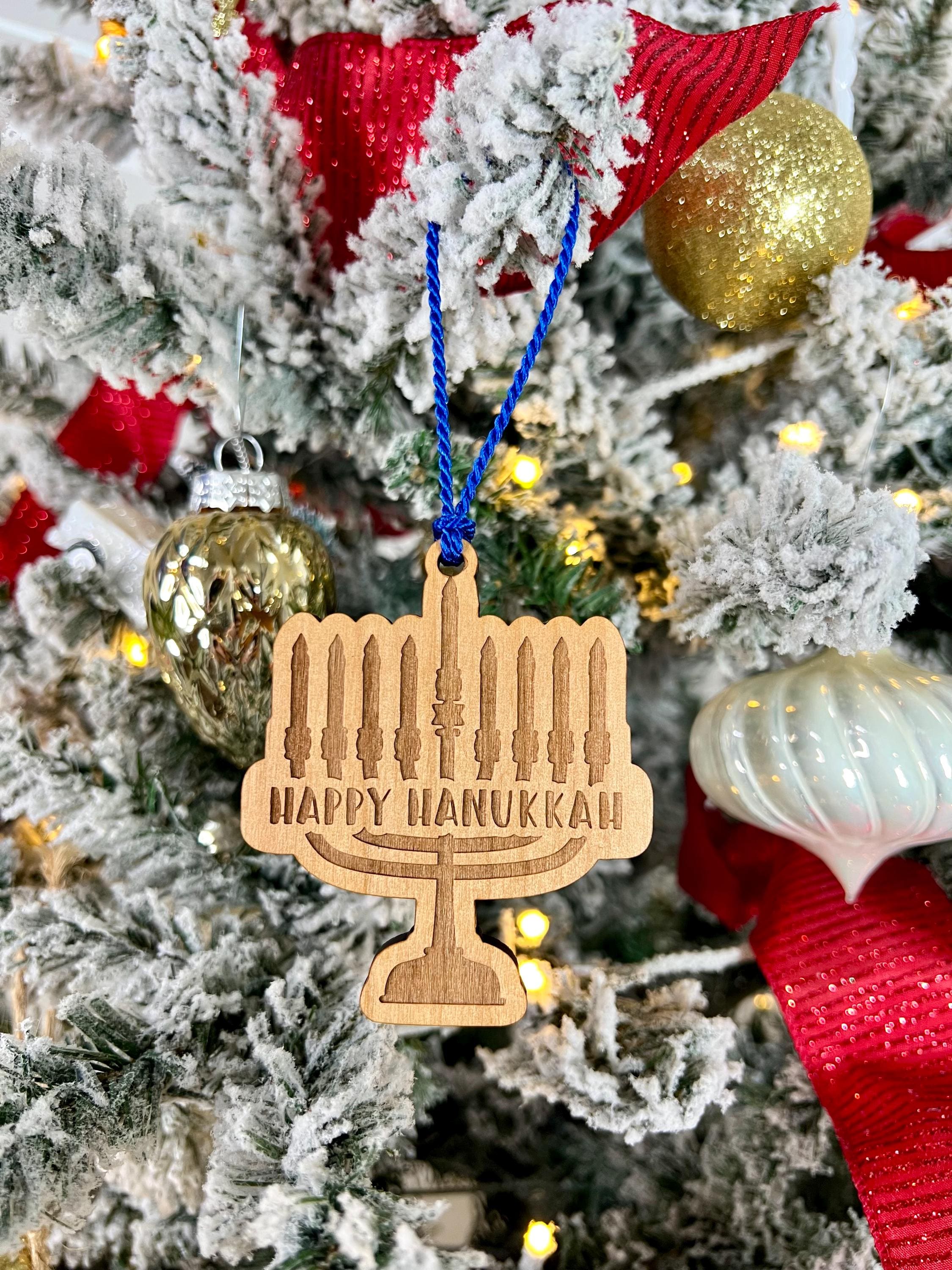 Happy Hanukkah Ornament - Christmas Tree Ornament - Personalization Available - Add Gift Card Holder - Menorah Candles