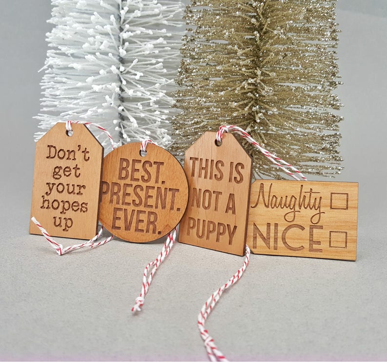 Set of 4 Wood Gift Tags Reusable Naughty or Nice Don't Get Your Hopes Up Best Present Ever This is not a puppy image 1