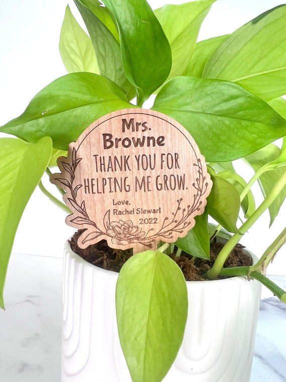 Custom Teacher Gift - Wood Planter Stake with Personalized Engraving - Add Gift Card Holder