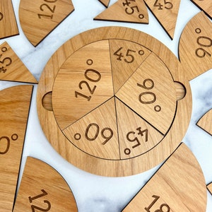 May include: A wooden circle divided into five sections, each labeled with a different angle measurement: 120°, 90°, 45°, 60°, and 120°.  The circle is surrounded by smaller wooden pieces, each labeled with a different angle measurement.