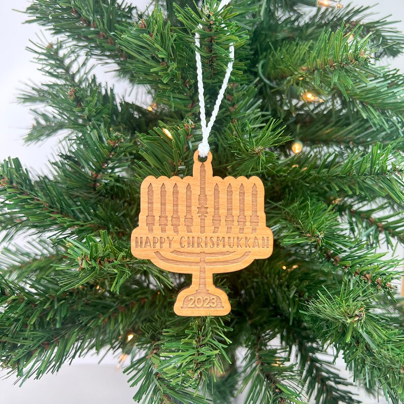 CUSTOM Happy Chrismukkah Ornament Christmas Tree Ornament Personalization Available Add Gift Card Holder Happy Hanukkah Menorah image 3