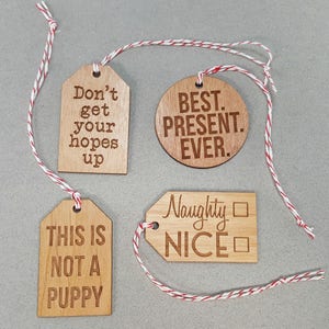 Set of 4 Wood Gift Tags Reusable Naughty or Nice Don't Get Your Hopes Up Best Present Ever This is not a puppy image 2