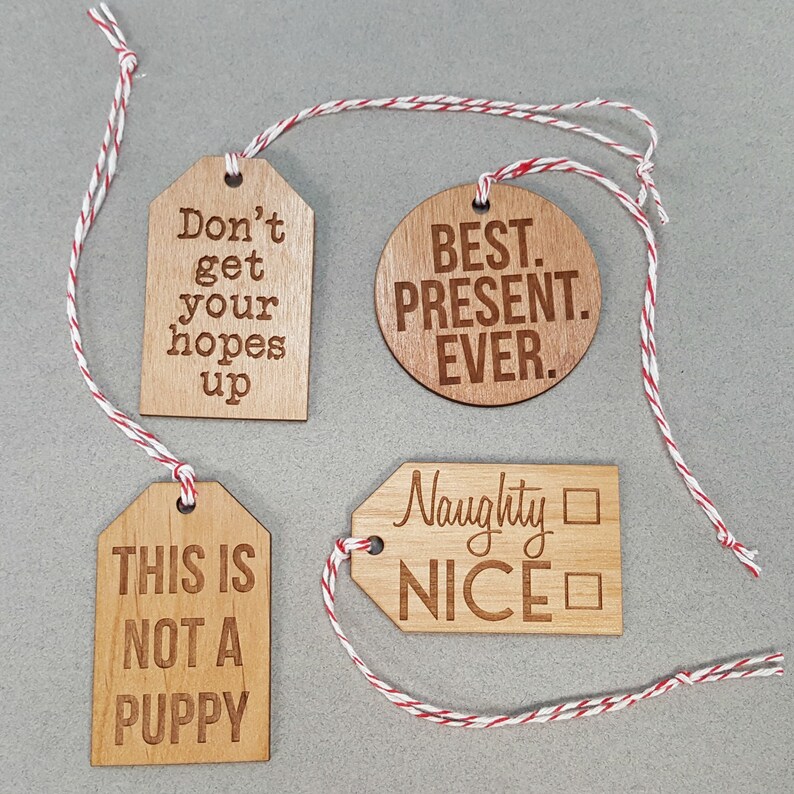 Set of 4 Wood Gift Tags Reusable Naughty or Nice Don't Get Your Hopes Up Best Present Ever This is not a puppy image 2