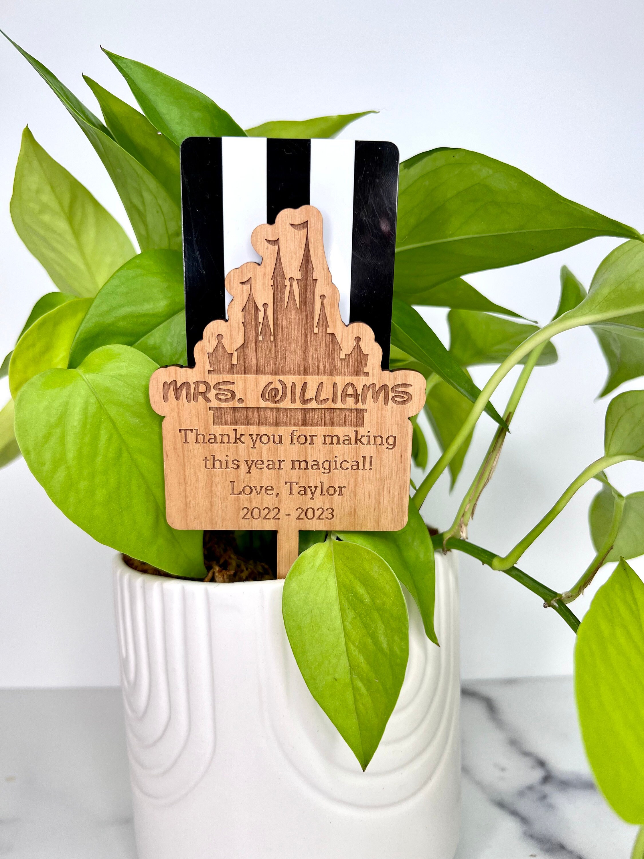 Custom Disney Teacher Appreciation Gift Wood Planter Stake with Personalized Engraving - Add Gift Card Holder - Disneyland Castle