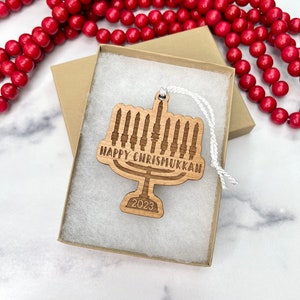 CUSTOM Happy Chrismukkah Ornament Christmas Tree Ornament Personalization Available Add Gift Card Holder Happy Hanukkah Menorah image 2