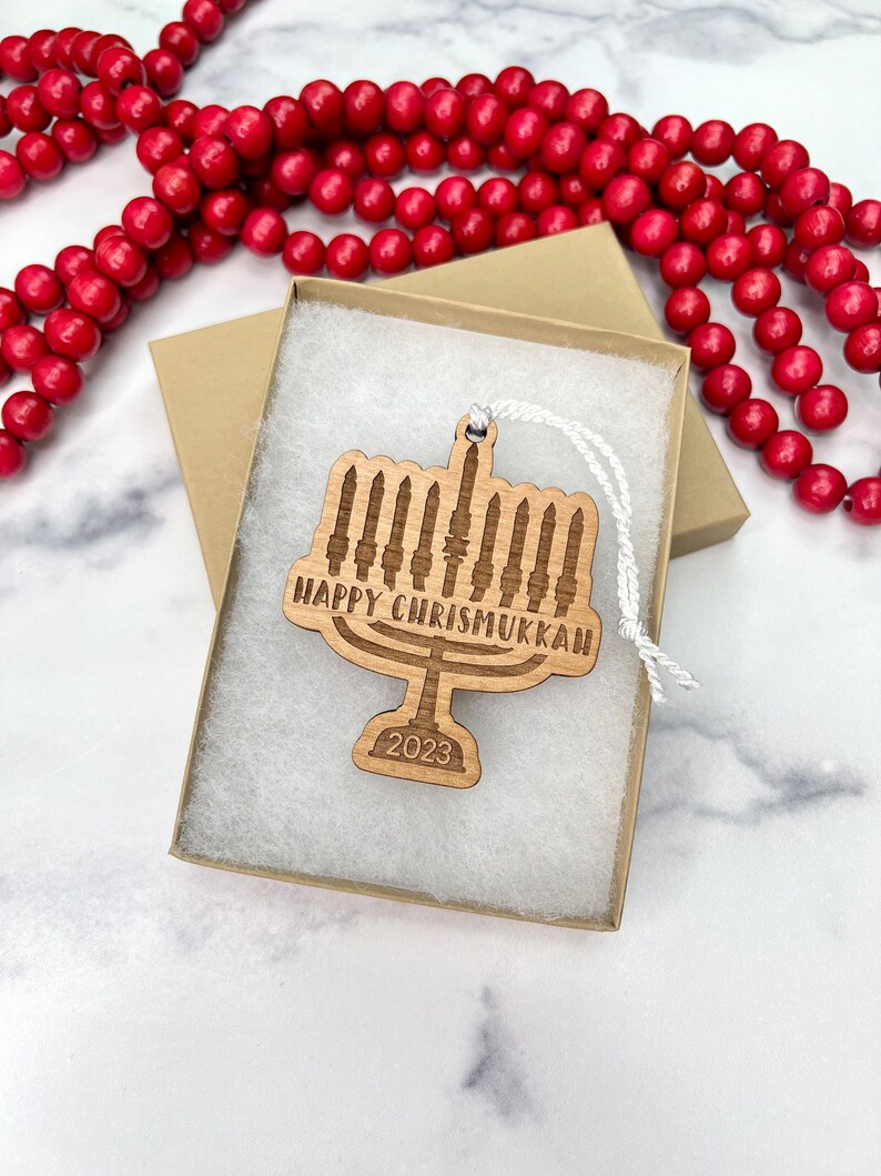 CUSTOM Happy Chrismukkah Ornament Christmas Tree Ornament Personalization Available Add Gift Card Holder Happy Hanukkah Menorah image 2