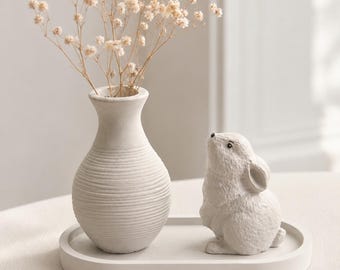 Neutral Nursery Decor Set with Bunny Figurine, Vase and Tray, Concrete Rabbit Shelf Decor, Baby Shower Gift