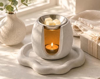 Housewarming Gift Wax Melt Warmer – Handmade Concrete Tea Light Wax Warmer with Tray, Cozy New Home Gift, Minimalist Home Decor