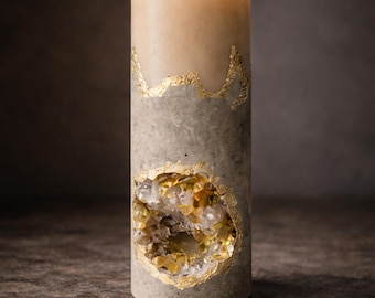 Sculptural Candle Decor, Handmade Concrete Geode Candle with Amber Crystal Details, Luxury Statement Home Accent