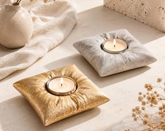 Tealight Candle Holder Set of 2, Pillow Shaped Concrete Candle Holders, Unique Housewarming Gift, Coffee Table Decor, Gray or Gold