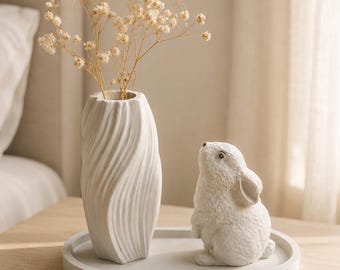 Concrete Vanity Tray Set with Wavy Vase and Bunny Figurine, Handmade Dresser Decor
