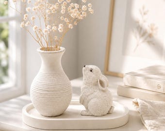 Coffee Table Decor Set with Concrete Bunny, Oval Vase and Tray, Neutral Minimalist Home Decor, Housewarming Gift