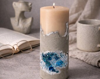 Blue Crystal Candle, Handmade Concrete Pillar Candle, Luxury Statement Candle, Modern Home Decor Gift