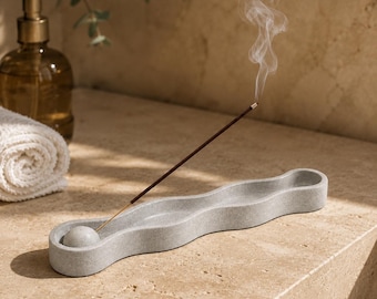 Concrete Incense Holder, Wavy Ash Catcher Tray for Incense Sticks, Handmade Meditation Decor, Minimalist Home Accent