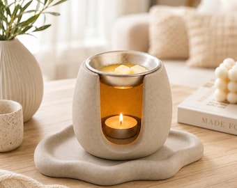 Housewarming Gift Wax Melt Burner with Optional Concrete Tray, Handmade Tealight Warmer, New Apartment Gift, Minimalist Home Decor