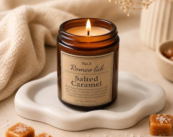Salted Caramel Soy Candle, 8 oz Amber Jar Candle, Gourmand Dessert Scent, Optional Handmade Concrete Tray, Cozy Gift