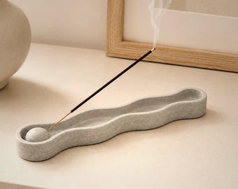 Concrete Incense Holder, Wavy Ash Catcher Tray for Incense Sticks, Minimalist Burner, Single or Set of 2