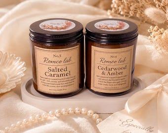 Candle Gift Set for Her or Him, 2 Soy Candles with Mini Concrete Tray, Salted Caramel and Cedarwood Amber, Ready to Give Gift