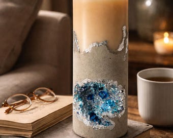Luxury Blue Candle Gift for Her, Ice Crystal Concrete Soy Candle, Unique Birthday Gift, Sculptural Home Decor, Winter Decor