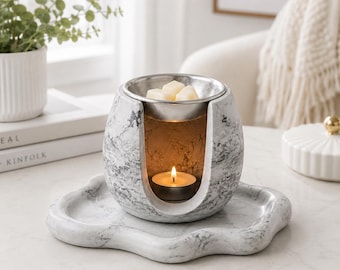 Marble Concrete Wax Warmer with Tray – Handmade Tea Light Wax Melt Burner, Minimalist Home Decor, Cozy Gift for Her