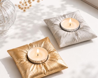 Concrete Tealight Candle Holder Set of 2, Square Pillow Candle Holders, Gray and Gold Home Decor, Handmade Candle Tray Gift
