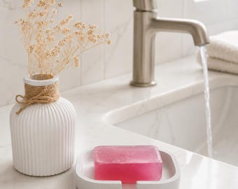 Concrete Bathroom Set with Small Soap Dish and Mini Vase, Neutral Bathroom Counter Decor, Guest Bathroom Decor