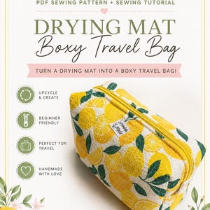 May include: A boxy travel bag made from a textured fabric with a yellow lemon and green leaf print. The bag features a yellow zipper closure and a small white label with the text Maddie Made. The image includes text for a PDF sewing pattern.
