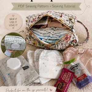 May include: A floral travel diaper pouch, open to reveal baby essentials like diapers and wipes. The image includes a matching small pouch, baby food, and snacks. Text reads "Travel diaper pouch" and "PDF Sewing Pattern + Sewing Tutorial."