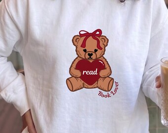Book Lover Teddy Bear Sweatshirt, Cozy Reader Crewneck, Cute Bookish Sweatshirt, Reading Aesthetic Pullover, Gift for Readers