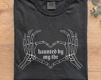 Haunted By My TBR Comfort Colors Tee, Skeleton Heart Book Lover T-Shirt, Spooky Bookish Gift, Dark Academia Reader Shirt