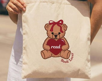 Teddy Bear Book Lover Tote Bag, Reading Lover Canvas Tote, Coquette Bookish Bag, Literary Gift for Readers, Aesthetic Bookworm Tote