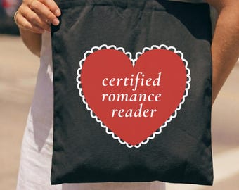Certified Romance Reader Tote Bag, Book Lover Gift, Romance Book Tote, Vintage Heart Bookish Bag, Gift For Reader
