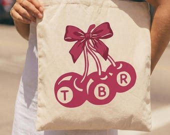 Coquette Cherry Tote Bag for Book Lovers, TBR Reader Tote, Bookish Canvas Bag, Gift for Readers, Fruit Tote Bag