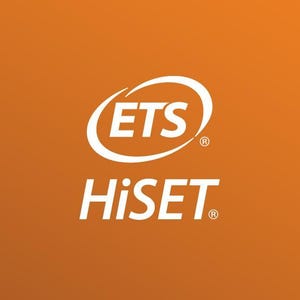 May include: The ETS HiSET logo is displayed on an orange background. The logo features the letters "ETS" in white, enclosed within a white oval. Below the logo, the word "HiSET" is written in white.