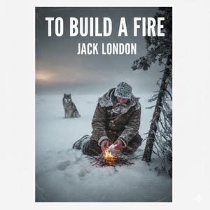 Könnte beinhalten: Buchcover für "To Build a Fire" von Jack London. Das Bild zeigt einen Mann in Winterkleidung, der im Schnee ein Feuer entfacht, mit einem Wolf im Hintergrund. Titel und Autorenname stehen in weißer Schrift oben.