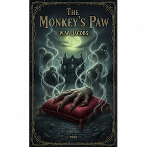 May include: Book cover for "The Monkey's Paw" by W.W. Jacobs. The cover features a skeletal hand resting on a red pillow, with ghostly figures and a haunted house in the background. The title and author's name are at the top, with the year 2026 at the bottom.