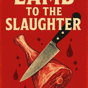 May include: A vintage-style poster with the words "LAMB TO THE SLAUGHTER" in large, off-white letters. A butcher knife is positioned over a raw lamb cut, with blood droplets on a red background.